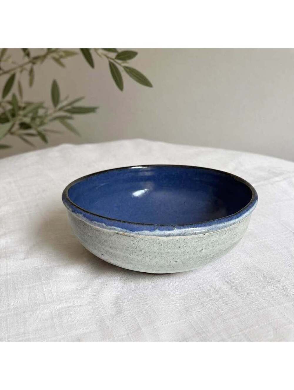 Studio Pottery Serving Bowl Cobalt Blue Speckled White Stoneware 8.5” Handmade